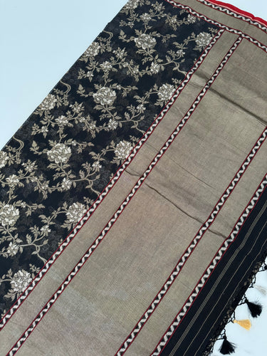 Pure Cotton Saree from Banaras | Black | Gold & Silver Zari | Kadwa Weave | Handwoven | Ships from California